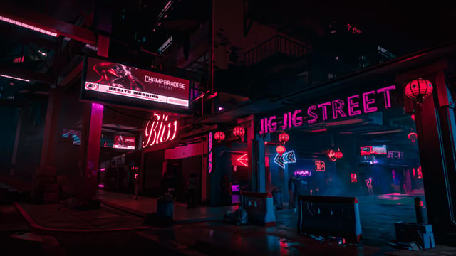 Cyberpunk 2077 sistem gereksinimleri rehberi için neon ışıklı gece şehri