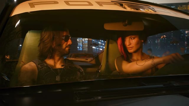 Cyberpunk 2077'de iki karakter aynı araçta Night City'de