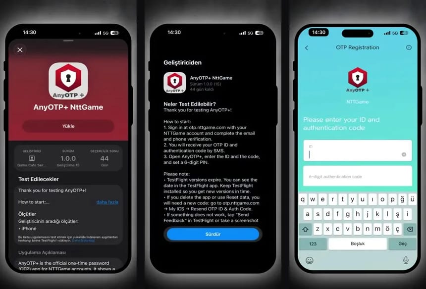 AnyOTP+ iOS kurulumu: TestFlight Yükle ekranı, geliştirici notu ve OTP Registration ekranı