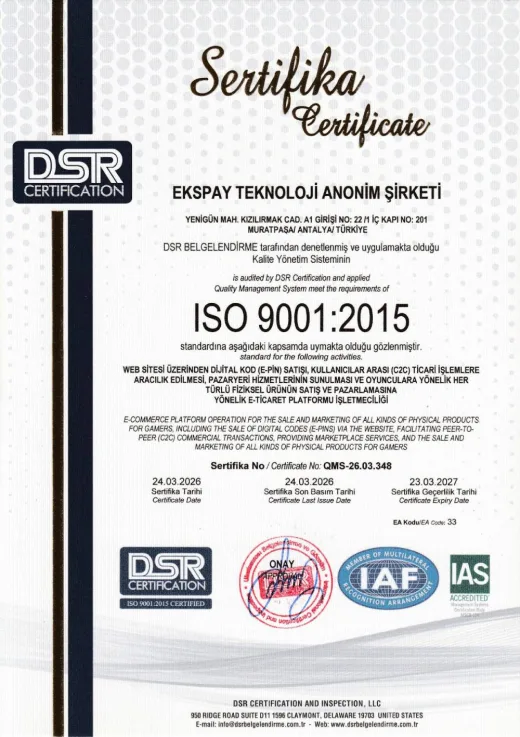 ISO 9001:2015 — EKSPAY TEKNOLOJİ ANONİM ŞİRKETİ