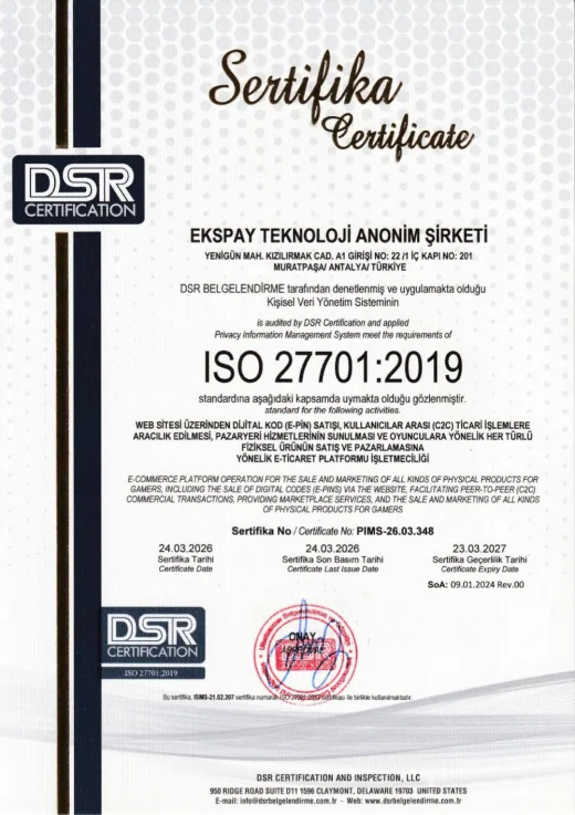 ISO 27701:2019 — EKSPAY TEKNOLOJİ ANONİM ŞİRKETİ