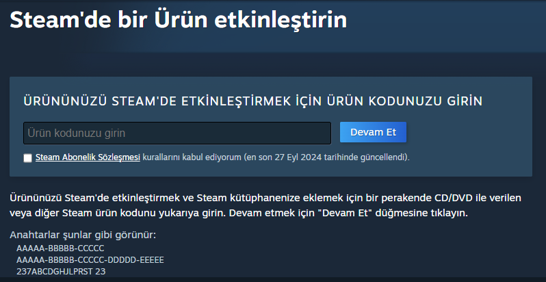 Steam ürün etkinleştirme sayfası: ürün kodunu girme alanı