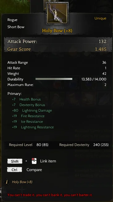 85/5 |+20 RELIC | +8 HOLY BOW | GM1 | +5 NYRA
