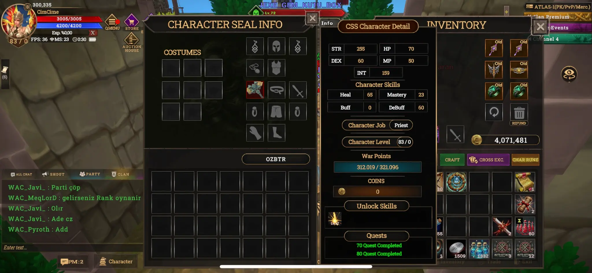 SELL 83 LVL +7 QUEST MACELİ 72 SKİL AÇIK PRİEST