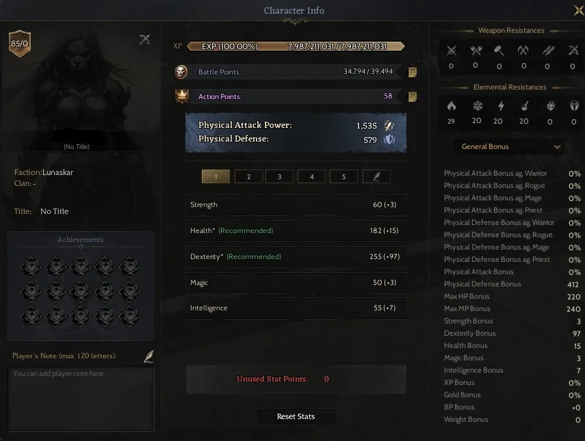 85 Lv Exp 100% Lunaskar Rogue Okçu.
