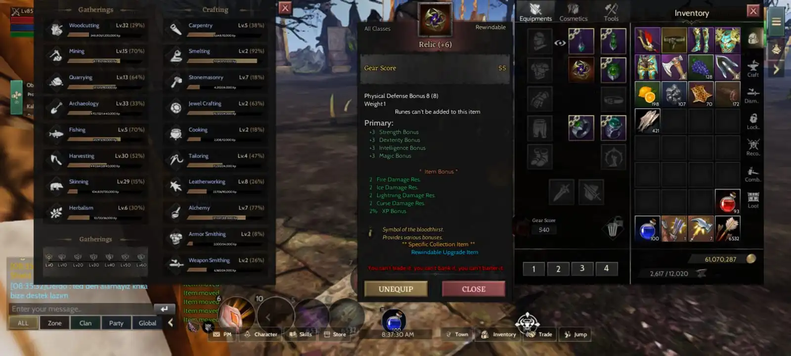85 %100 relic +6  3x 30 level toplama